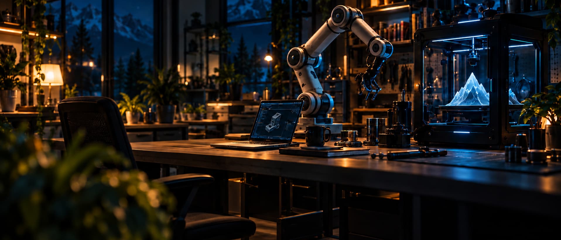 A man works at a night workshop desk with a laptop, a robotic arm, and a glowing model, mountains visible through the windows.